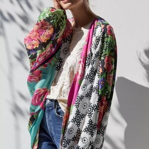 Anthropologie Floral and Geometric Kimono - Pink, Green, Black